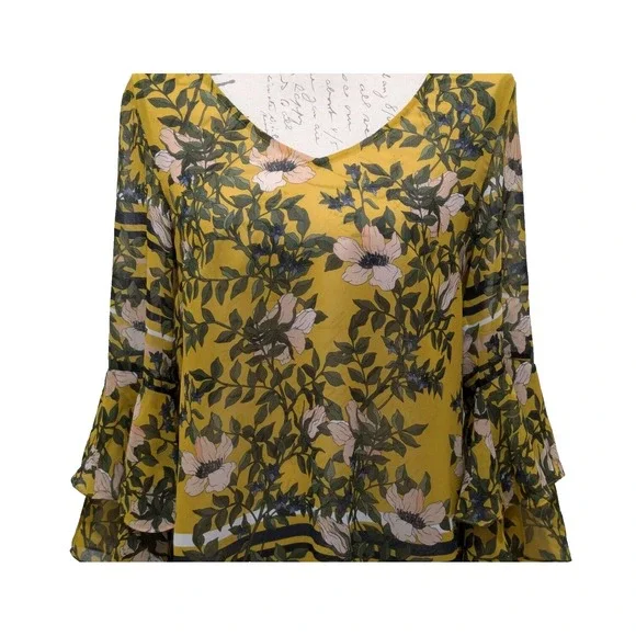 CABI Blouse Sm Yellow Green Floral Layered Flare Sleeves Boho - Picture 5 of 11